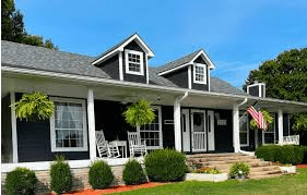 Grey House With Black Roof White Trim And Green Shutters Is the Perfect Exterior Design Choice: Elegant and Timeless