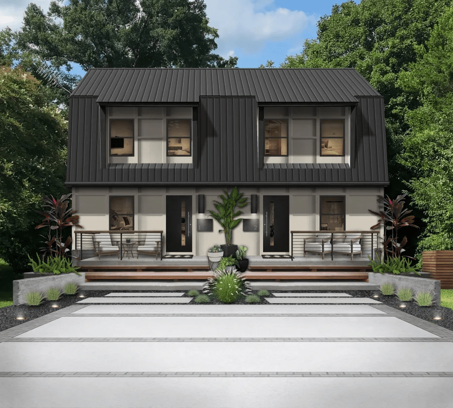 House With Black Mansor Roof And White Baton Board Siding