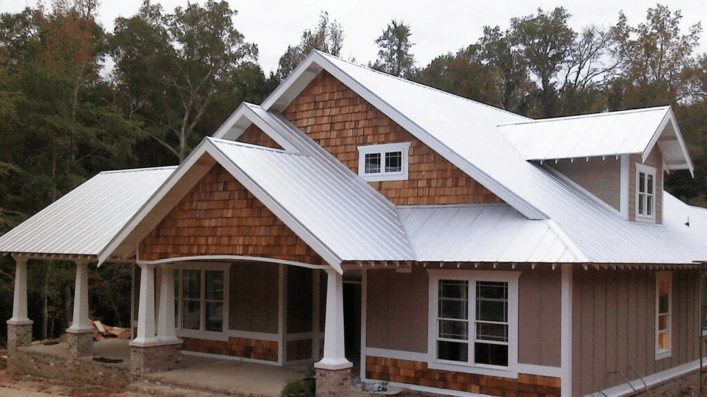 Silver Color Metal Roofs With The Wood Frame House Stain